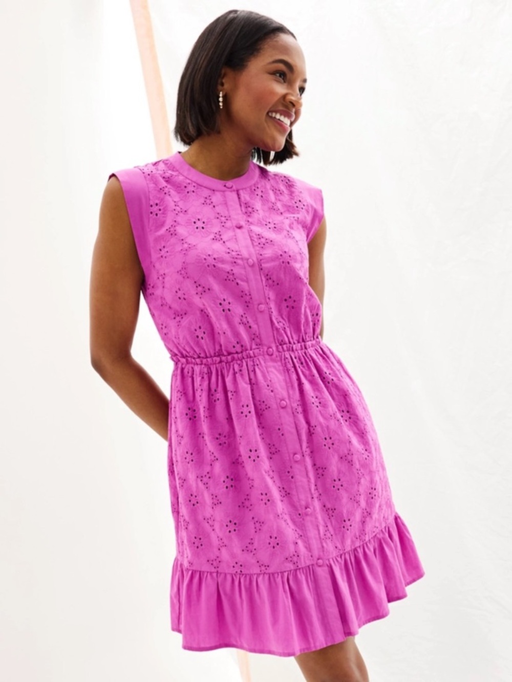 Draper James Magenta Pink Eyelet Fit & Flare Button Front Summer Dress Size L